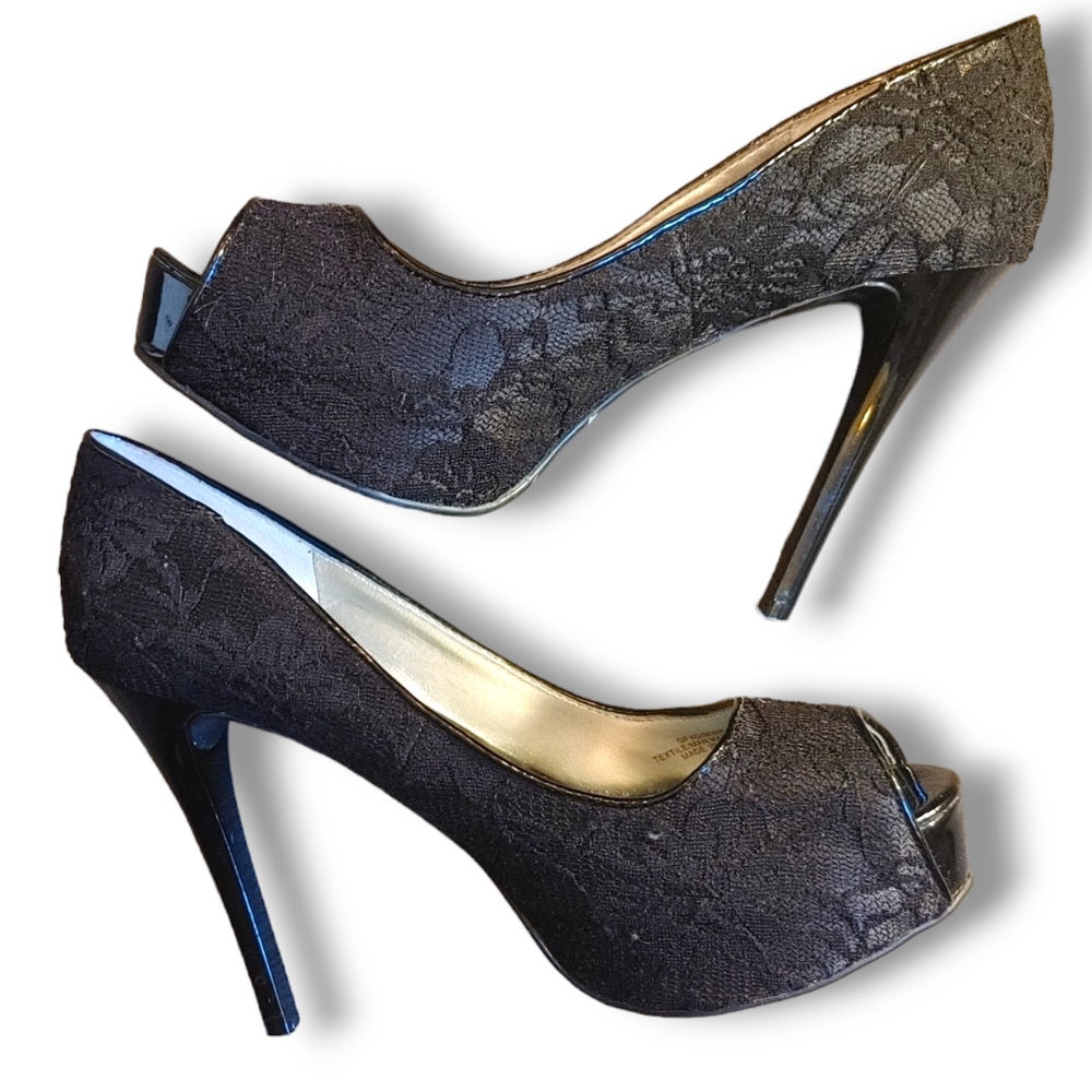GUESS - Black Formal Stiletto High Heel Shoe with Open Toe & Lace Detail All